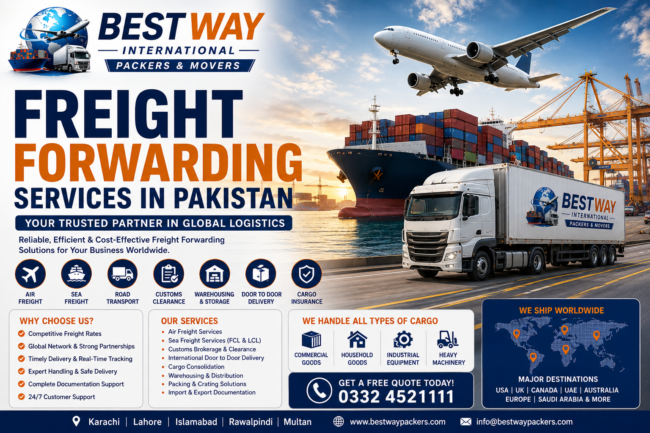 Freight Forwarding Services in Pakistan by Bestway International Packers and Movers offering air freight, sea freight, customs clearance, warehousing, and worldwide logistics.