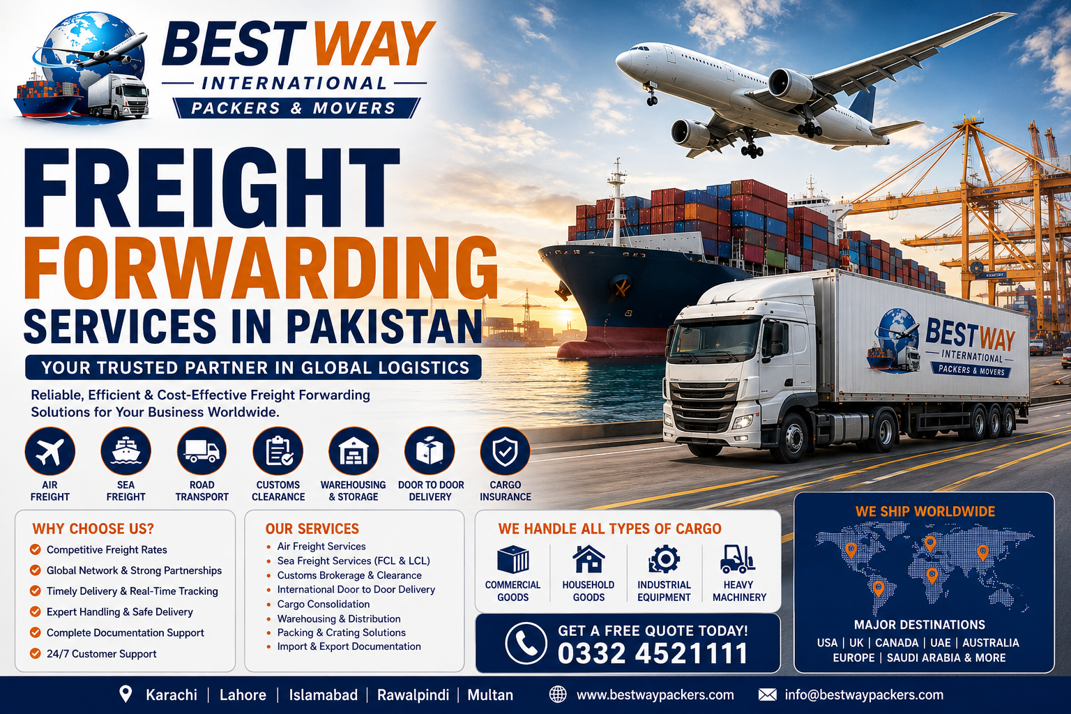 Freight Forwarding Services in Pakistan by Bestway International Packers and Movers offering air freight, sea freight, customs clearance, warehousing, and worldwide logistics.