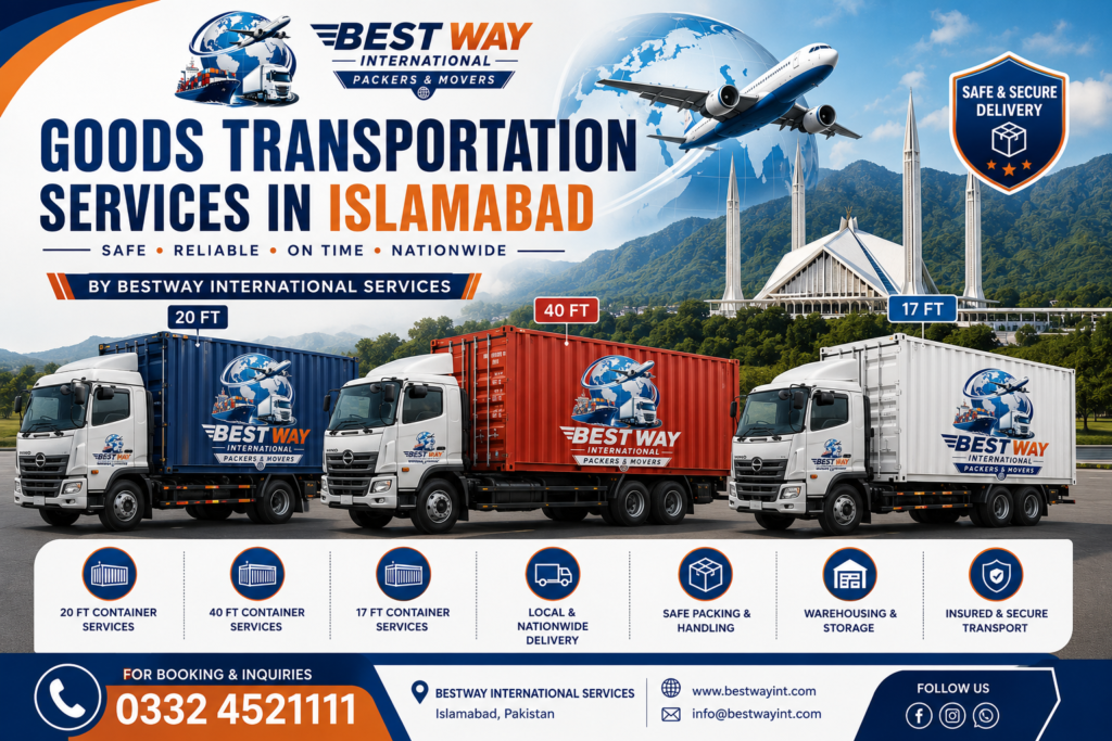 Bestway International Packers and Movers providing goods transportation services in Islamabad with 20 FT, 40 FT, and 17 FT container trucks for nationwide cargo transport and logistics.