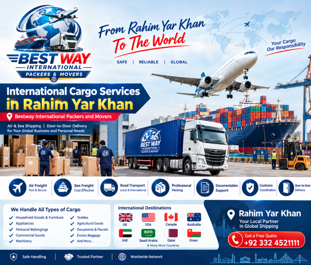 International cargo services in Rahim Yar Khan by Bestway International Packers and Movers