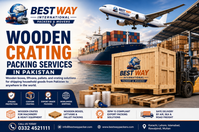 Wooden Crating Packing Services in Pakistan by Bestway International Packers and Movers for export cargo, machinery, household goods, and international shipping.