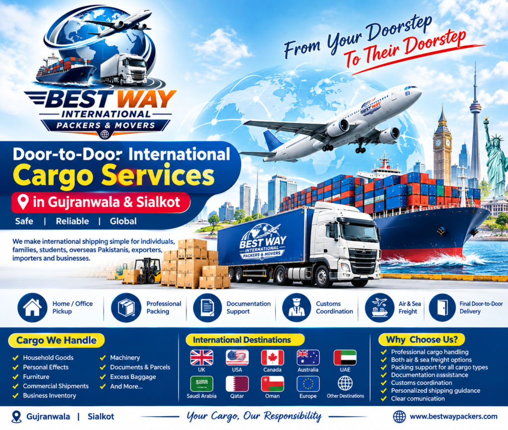 Door-to-door international cargo services in Gujranwala and Sialkot by Bestway International Packers and Movers